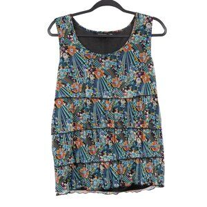 Notations Floral Tank L Womens Tiered Ruffle Sleeveless Scoop Neck Blouse Green